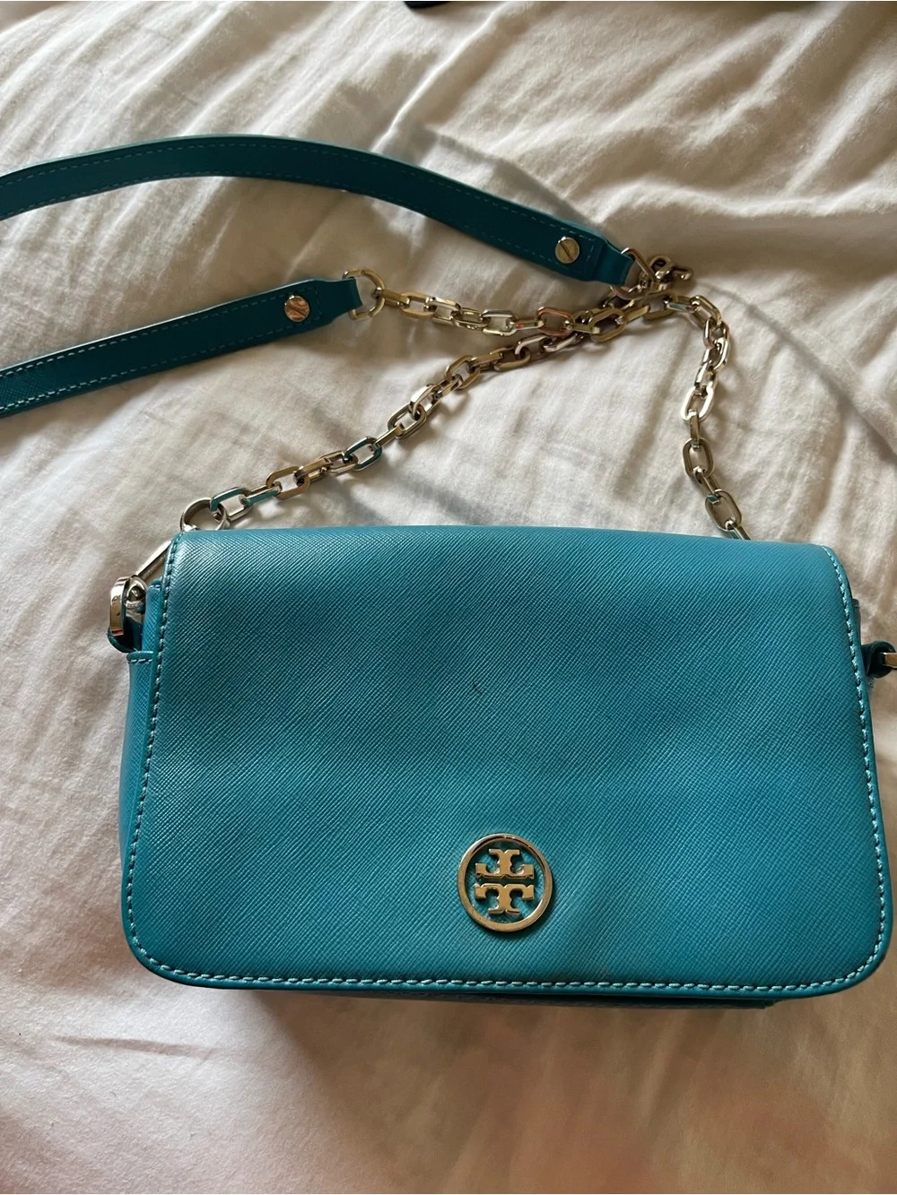 Tory Burch Turquoise Leather Crossbody with Gold Chain